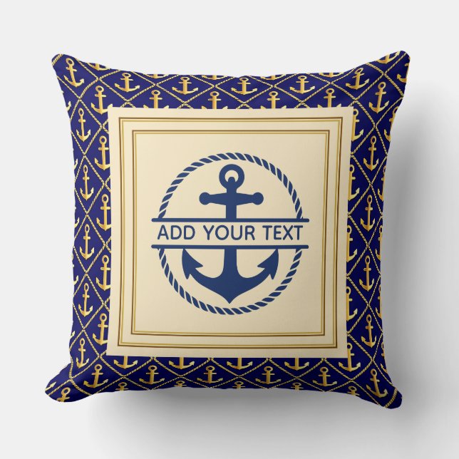 Coussin Ancre personnalisée bleu marine et or Nautical Nav (Recto)