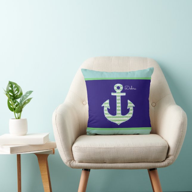 Coussin ancre rayée verte sur bleu marine personnalisée (Chaise)