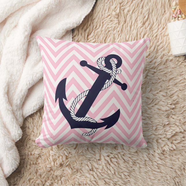 Coussin Ancre rose zigzag Chevron bleu marine foncé (Couverture)
