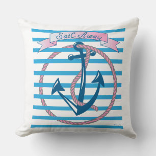 Coussin Ancre "Sail Away" avec corde rose et bandes bleues