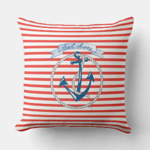 Coussin Ancre "Sail Away", corde blanche et bandes rouges