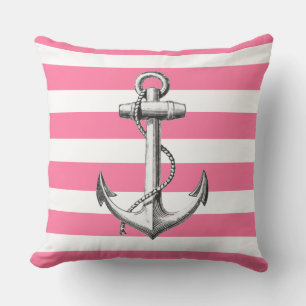 Coussin Ancre sur motif rayé rose nautique mignon