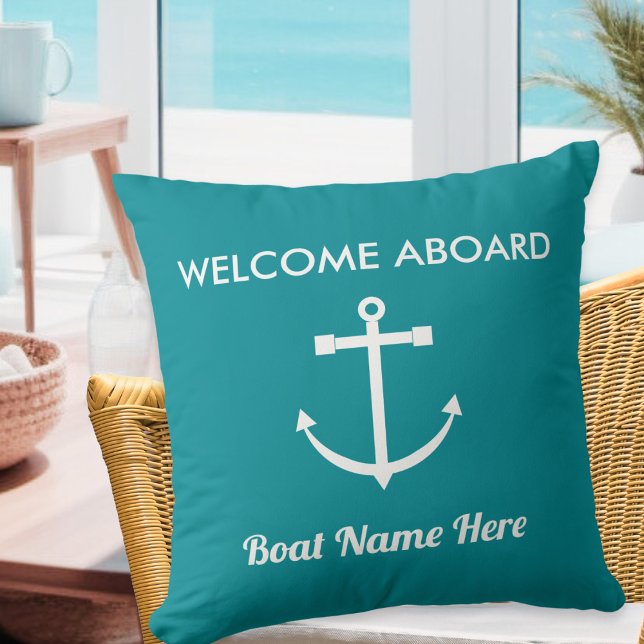 Coussin Ancre Turquoise nautique Bienvenue à bord Nom du b (A nautical pillow for the boat, summerhouse or home, with anchor, Welcome Aboard words and boat name)