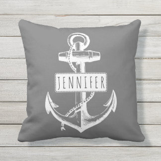 Coussin ancre vintage et nom gris nautique réversible