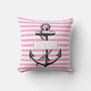 Coussin ancre vintage sur motif nautique rayé rose