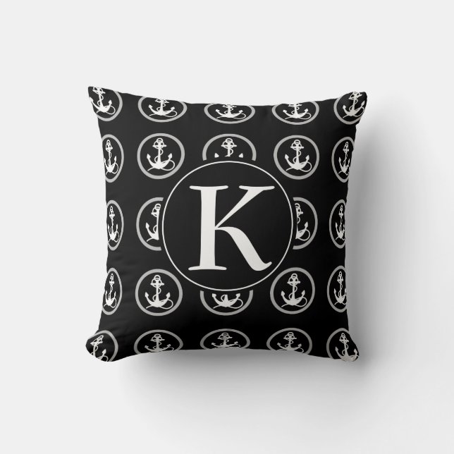 Coussin Ancres Blancs Sur Monogramme Noir Personnalisé (Recto)