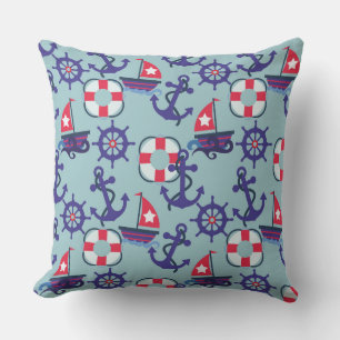 Coussin Ancres et voiliers   Bleu et rouge nautique