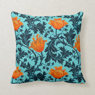 Coussin Anémone de William Morris, bleu d'indigo et corai