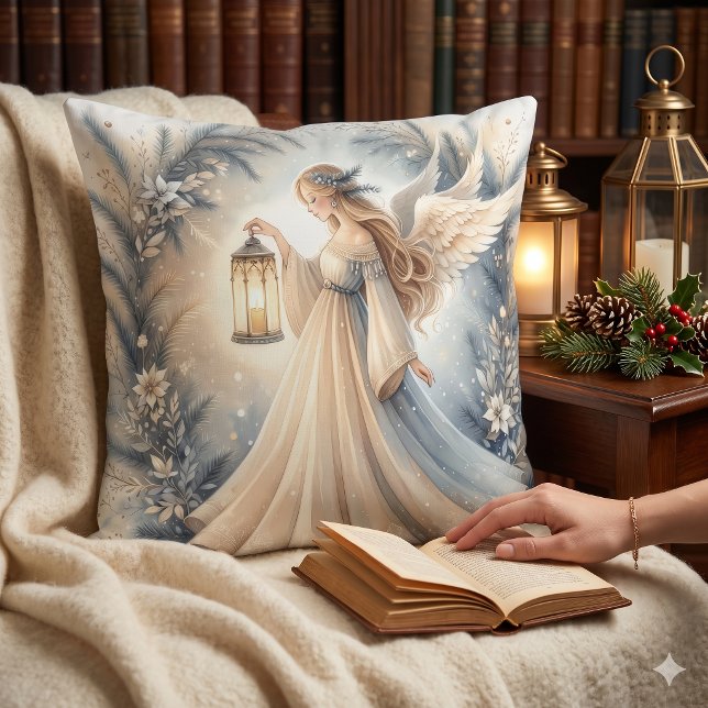 Coussin Ange céleste d'hiver Lanterne de Paix (Celestial Winter Angel Lantern of Peace Throw Pillow)