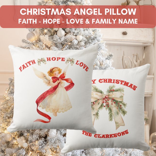 Coussin Ange de Noël avec nom de famille (Christmas Angel with Family Name Throw Pillow)