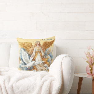 Coussin Ange gardien doré avec oiseau blanc