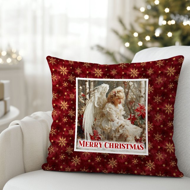 Coussin Ange rustique victorien rouge or fêtes de Noël (Rustic Victorian Angel Red Gold Holiday Christmas Pillow

)