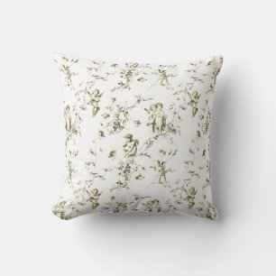 Coussin Anges Cupidons Élégants Floral Toile Beige Blanc