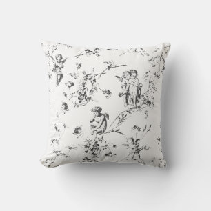 Coussin Anges Cupidons Élégants Floral Toile Noir Blanc