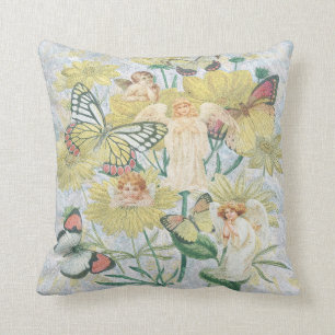 Coussin Anges, papillons et fleurs en jaune