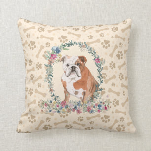 Coussin Anglais Bulldog Empreinte de patte & Floral Cute