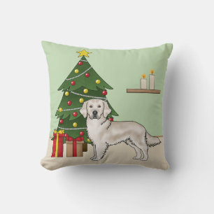 Coussin Anglais Crème Golden Retriever avec sapin de Noël