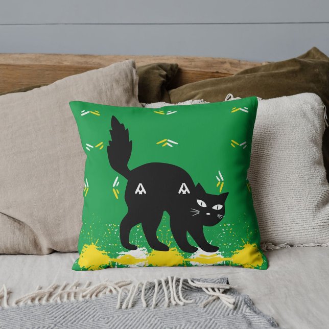 Coussin Animal Chat Noir Sur Vert Blanc Jaune Mélange Mode (Créateur téléchargé)