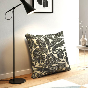 Coussin Animaux de la jungle tropicale en noir et crème gr