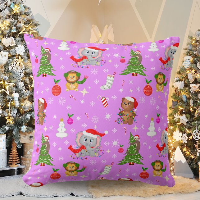 Coussin Animaux de zoo bébé célébrant Noël Rose  (Créateur téléchargé)