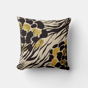 Coussin Animaux de Zoo Safari Brun Or Noir Impression Fête
