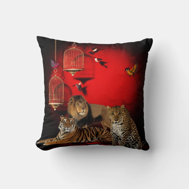 Coussin Animaux Tigre Léopard Lion Oiseaux Impression Roug (Recto)