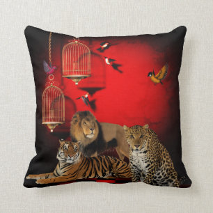 Coussin Animaux Tigre Léopard Lion Oiseaux Impression Roug