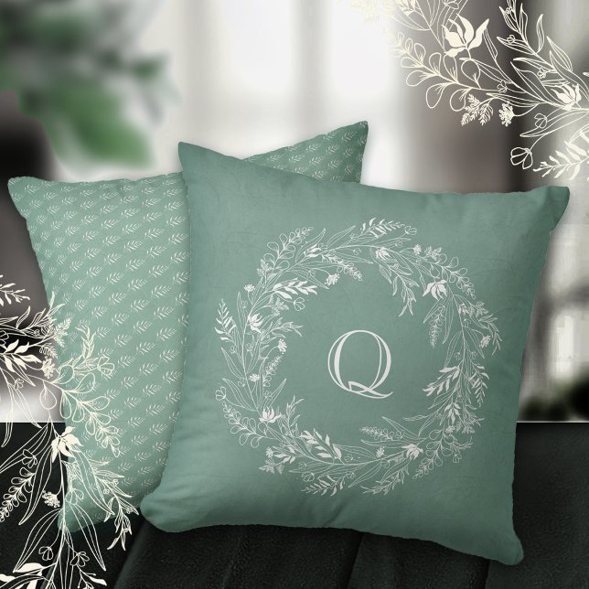 Coussin Anneau de verdure botanique délicate lettre Q (Créateur téléchargé)