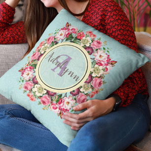 Coussin Anneau Floral vintage Monogramme personnalisé Text