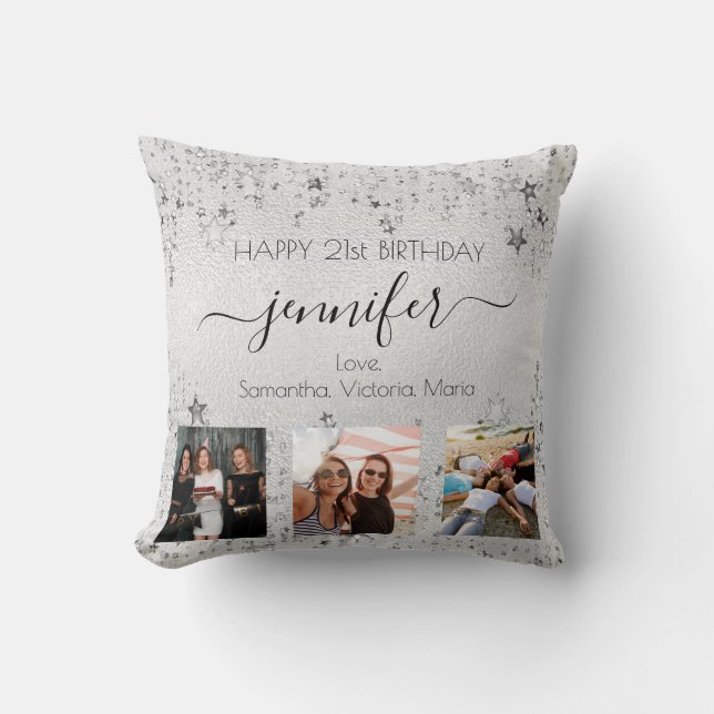 Coussin Anniversaire ami argent photo collage nom script (Recto)