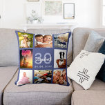 Coussin Anniversaire bleu foncé photo collage femme<br><div class="desc">Un cadeau unique pour une femme de 50ème anniversaire (ou n'importe quel âge), célébrant sa vie avec un collage de 8 de vos propres photos, photos. Personnalisez et ajoutez son nom, son âge de 50 ans et une date. Un arrière - plan chic bleu foncé. Le nom est écrit avec...</div>