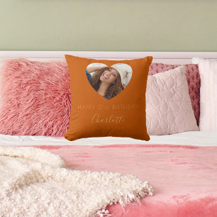 Coussin Anniversaire brûlé orange nom de la photo script