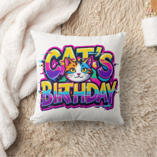 Coussin Anniversaire de chat Arc-en-ciel Glitch