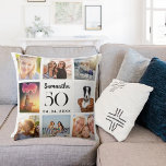 Coussin Anniversaire de collage photo personnalisé blanc<br><div class="desc">Un cadeau unique pour un 21ème anniversaire,  célébrant sa vie avec un collage de 8 de vos propres photos,  photos. Personnalisez et ajoutez son nom,  son âge et une date. Un fond blanc,  du texte noir. Le nom est écrit avec un script de style moderne écrit à la main.</div>