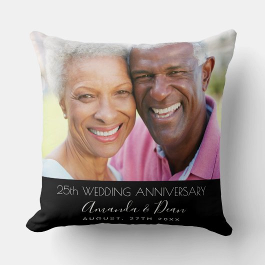 Coussin anniversaire de mariage 25 ans photo noir moderne (Recto)