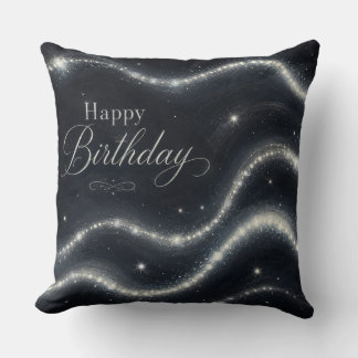 Coussin Anniversaire Élégant Noir Argent Diamant Vagues