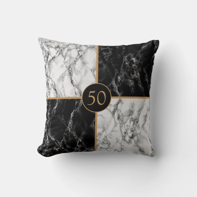 Coussin Anniversaire Marbre Noir Blanc Ajouter Âge Années  (Recto)