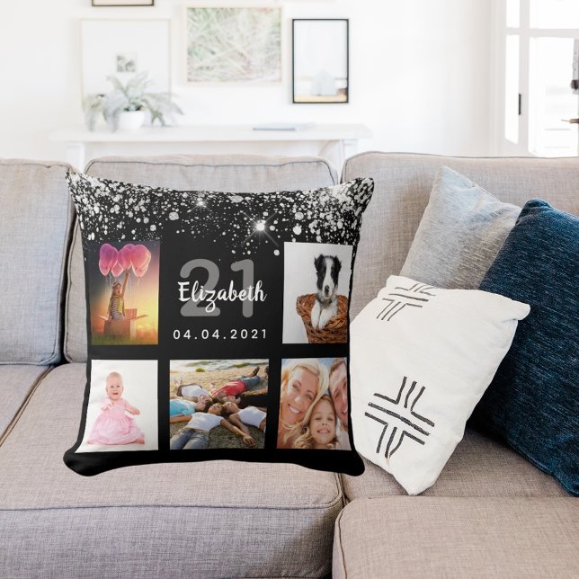 Coussin Anniversaire noir argent parties scintillant photo (Créateur téléchargé)