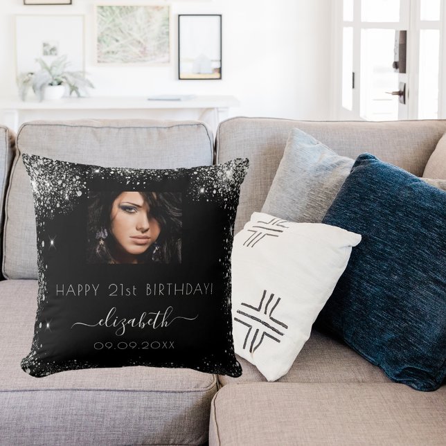 Coussin Anniversaire noir photo personnalisée argent nom d (Créateur téléchargé)