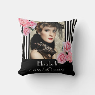 Coussin Anniversaire noir rayures photo rose nom floral