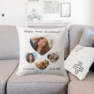 Coussin Anniversaire nom âge photo coeur collage femme
