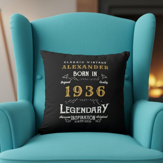 Coussin Anniversaire Personnalisé 90 Ans Né en 1936 Légend (Born 1936 throw pillow on a blue chair.)