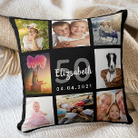 Coussin Anniversaire personnalisé photo collage femme noir<br><div class="desc">Un cadeau unique pour une femme de 50ème anniversaire (ou n'importe quel âge), célébrant sa vie avec un collage de 8 de vos propres photos, photos. Personnalisez et ajoutez son nom, son âge de 50 ans et une date. Un arrière - plan noir chic. Lettres et chiffres gris et blancs....</div>