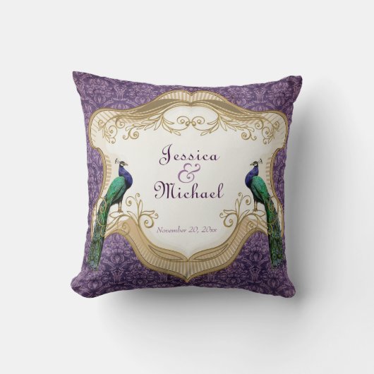 Coussin Anniversaire personnalisé (pourpre) royal de paon (Recto)