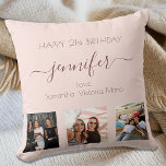 Coussin Anniversaire photo personnalisée rose or blush ros<br><div class="desc">Un cadeau d'amis pour le 21e anniversaire d'une femme, célébrant sa vie avec 3 de vos photos d'elle, de ses amis, de sa famille, de son intérêt ou des animaux de compagnie. Personnalisez et ajoutez son nom, son âge de 21 ans et vos noms. Lettres de couleur or rose foncé....</div>