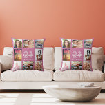 Coussin Anniversaire rose foncé photo collage femme<br><div class="desc">Un cadeau unique pour une femme de 50ème anniversaire (ou n'importe quel âge), célébrant sa vie avec un collage de 8 de vos propres photos, photos. Personnalisez et ajoutez son nom, son âge de 50 ans et une date. Un arrière - plan chic bleu foncé. Le nom est écrit avec...</div>