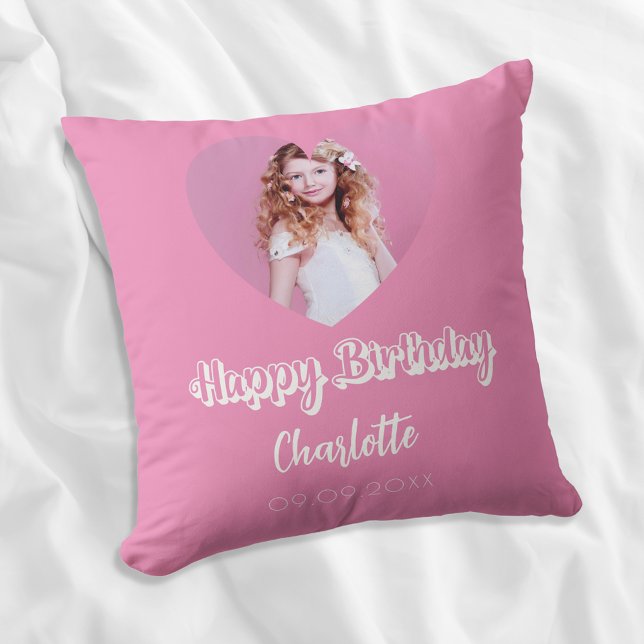 Coussin Anniversaire rose photo nom du coeur script fille (Créateur téléchargé)