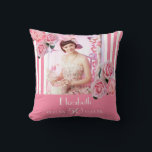Coussin Anniversaire rose rayures blanches photo nom flora<br><div class="desc">Un cadeau pour un 50e anniversaire de femme. Classic rose mince et blanc rayures verticales comme arrière - plan. Avec fleurs girly et féminine, roses roses roses et pivoines comme décoration. Un cadre sur le devant avec des modèles pour l'âge de 50 ans, nom et dates. Modèle pour votre propre...</div>
