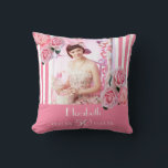 Coussin Anniversaire rose rayures blanches photo nom flora<br><div class="desc">Un cadeau pour un 50e anniversaire de femme. Classic rose mince et blanc rayures verticales comme arrière - plan. Avec fleurs girly et féminine, roses roses roses et pivoines comme décoration. Un cadre sur le devant avec des modèles pour l'âge de 50 ans, nom et dates. Modèle pour votre propre...</div>