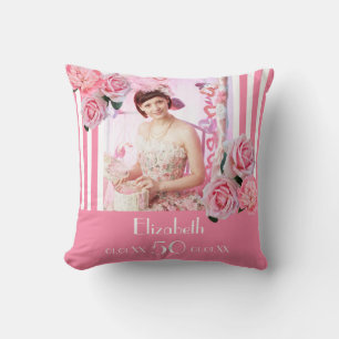 Coussin Anniversaire rose rayures blanches photo nom flora